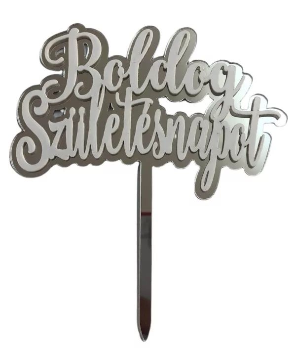 Tortabeszúró boldog születésnapot ezüst fehér matricával]