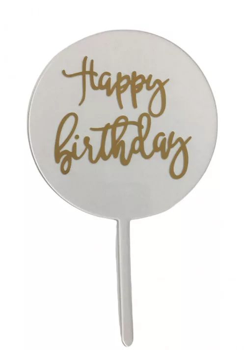 Happy Birthday tábla beszúró fehér, arany felirattal]